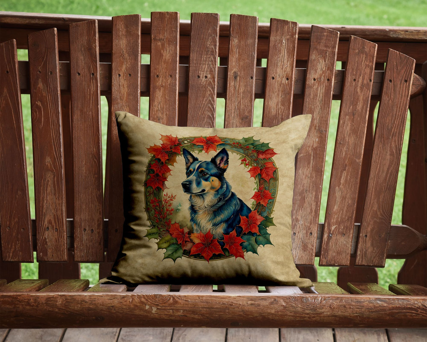 Australian Cattle Dog Christmas Flowers Throw Pillow Machine Washable, Indoor Outdoor Decorative Pillow for Couch, Bed or Patio, 14Hx14W