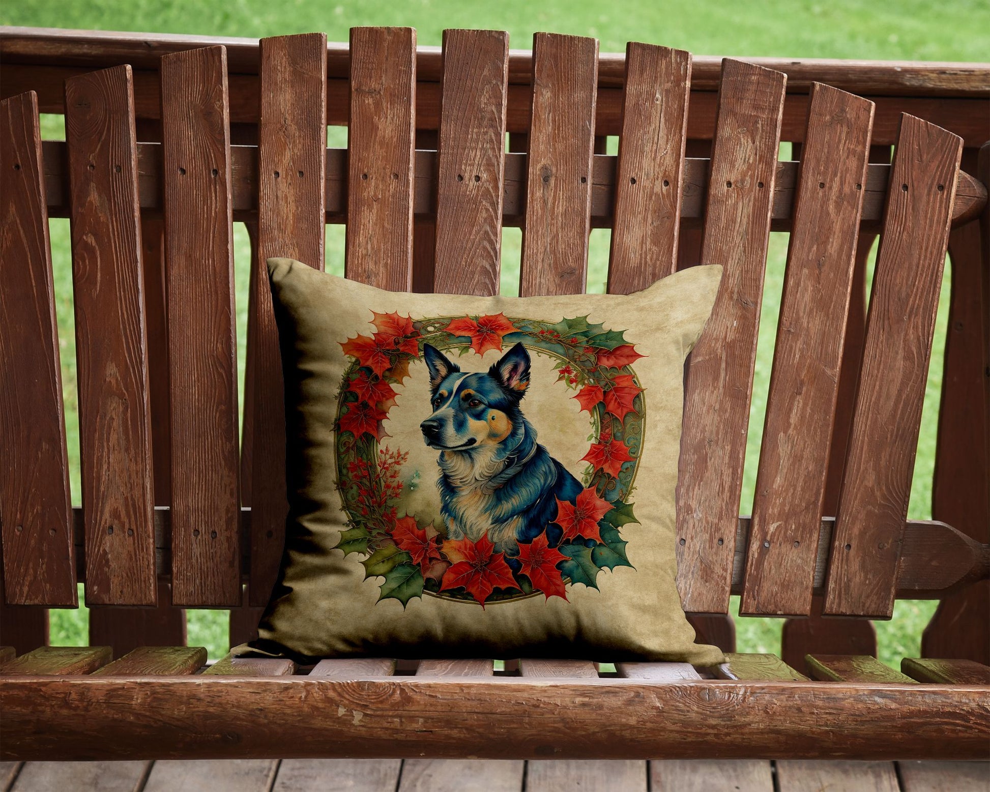 Australian Cattle Dog Christmas Flowers Throw Pillow Machine Washable, Indoor Outdoor Decorative Pillow for Couch, Bed or Patio, 14Hx14W