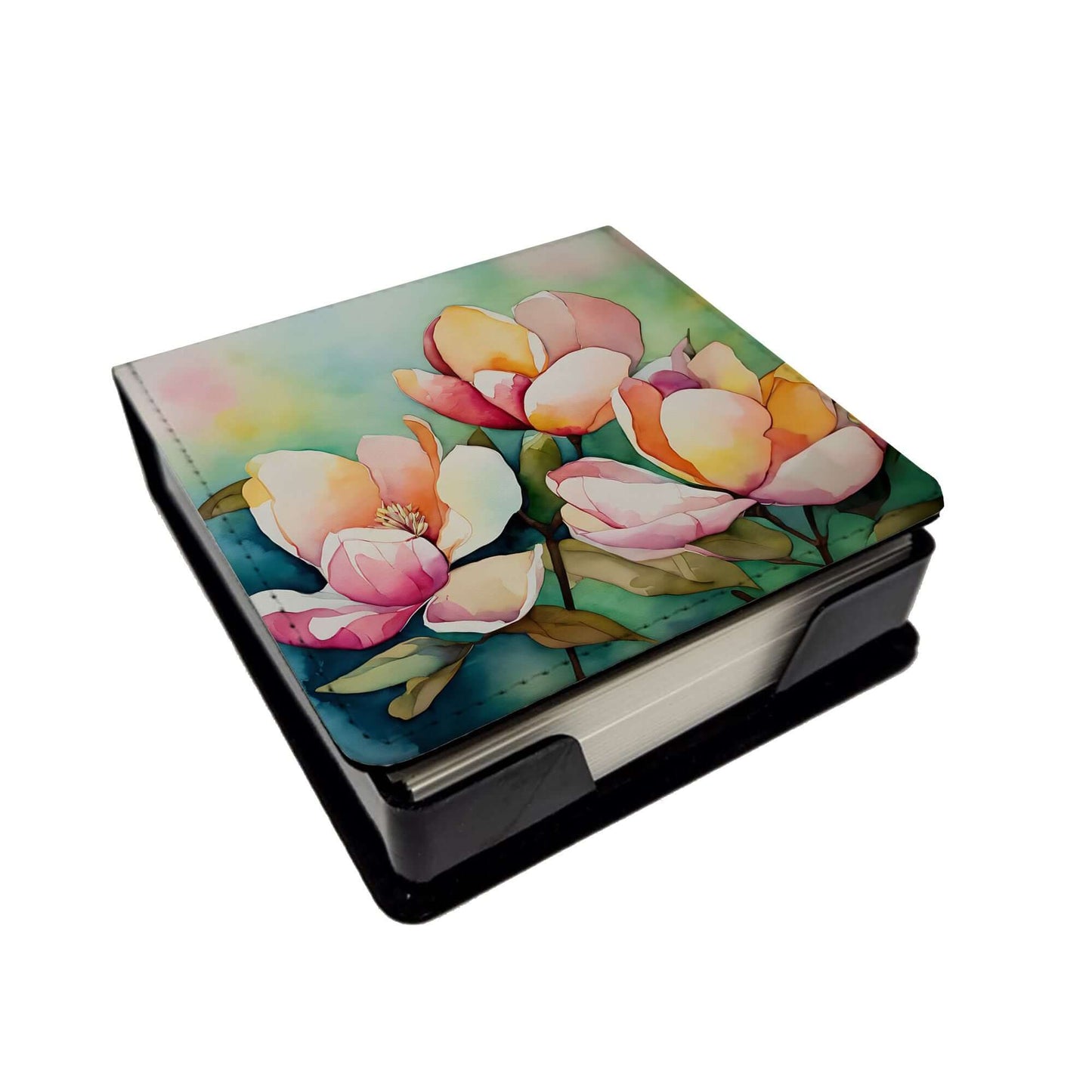 Mississippi Magnolia in Watercolor PU Leather Note Paper Holder with Artist-Designed Cover, Desk Accessory, Office Gift