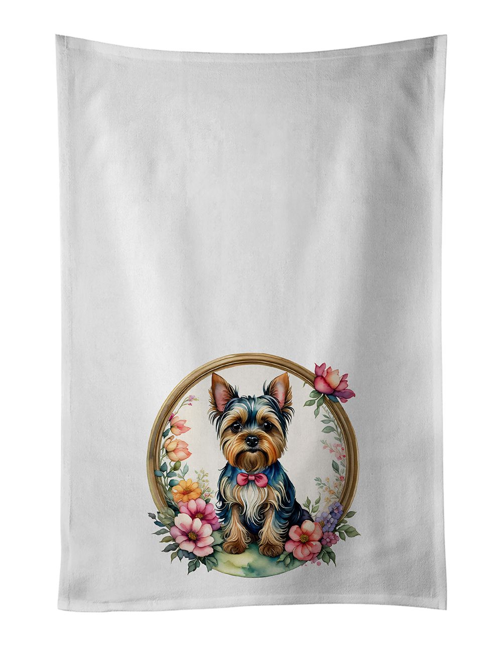 Yorkshire Terrier and Flowers Kitchen Towel Set of 2 White Dish Towels Decorative Bathroom Hand towel for Hand, Face, Hair, Yoga, Tea, Dishcloth, 19 X 28", White