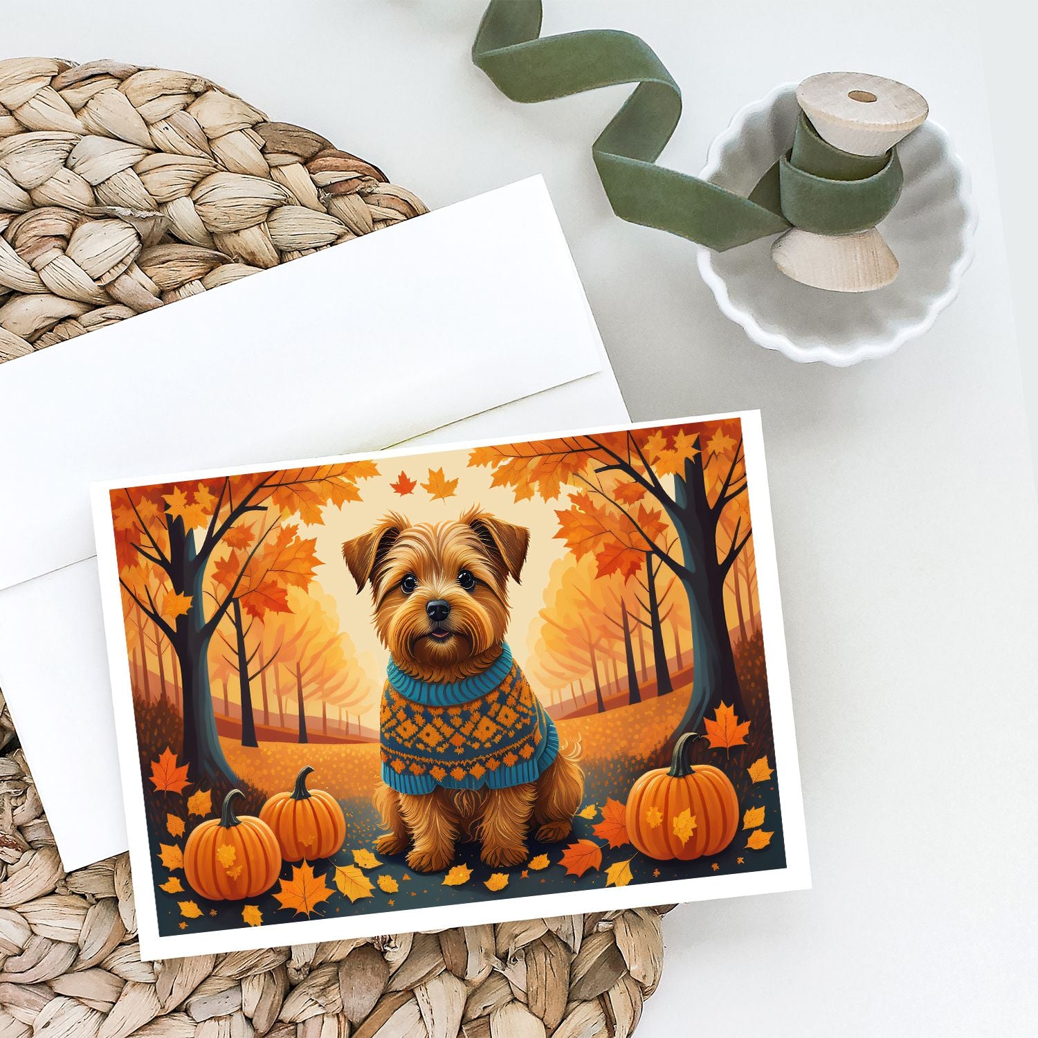 Norfolk Terrier Fall Greeting Cards Pack of 8 Blank Cards with Envelopes Whimsical A7 Size 5x7 Blank Note Cards