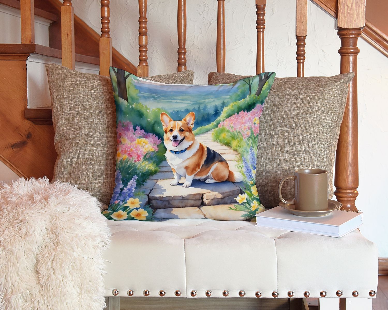 Corgi Spring Path Throw Pillow Machine Washable, Indoor Outdoor Decorative Pillow for Couch, Bed or Patio, 14Hx14W