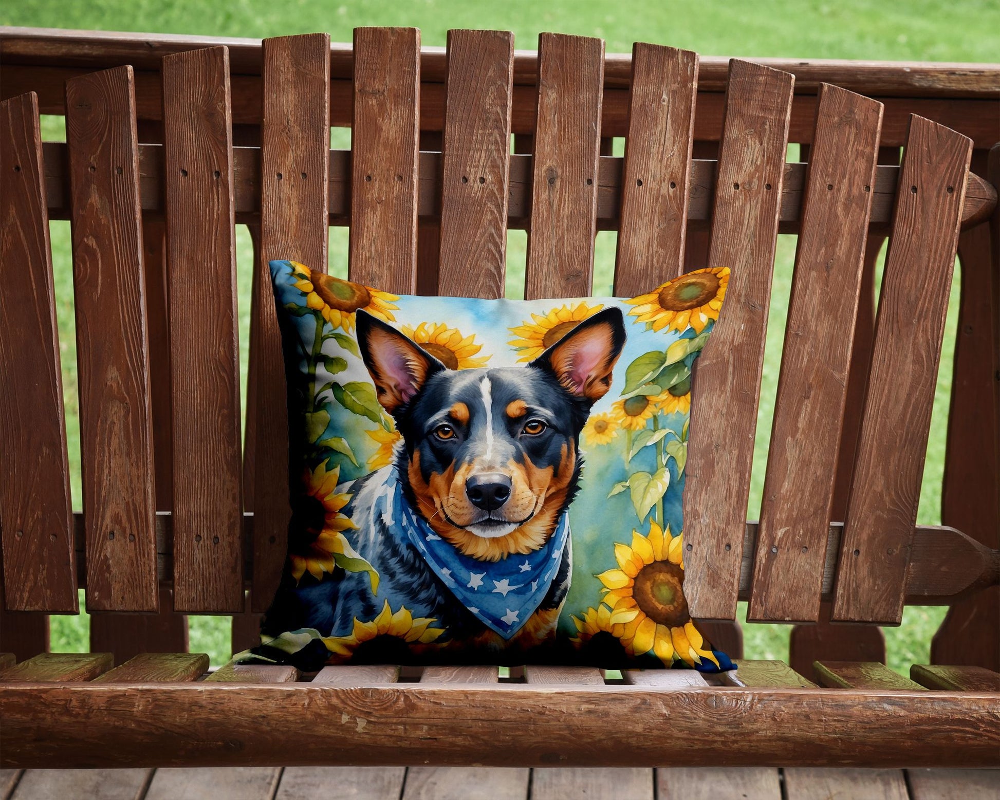 Australian Cattle Dog in Sunflowers Throw Pillow Machine Washable, Indoor Outdoor Decorative Pillow for Couch, Bed or Patio, 14Hx14W