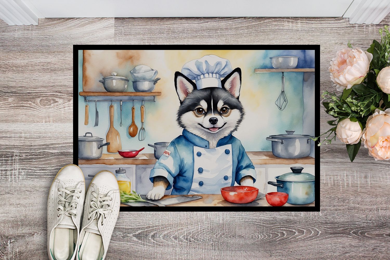 Alaskan Klee Kai The Chef Doormat Front Door Mat Indoor Outdoor Rugs for Entryway, Non Slip Washable Low Pile, 24H X 36W