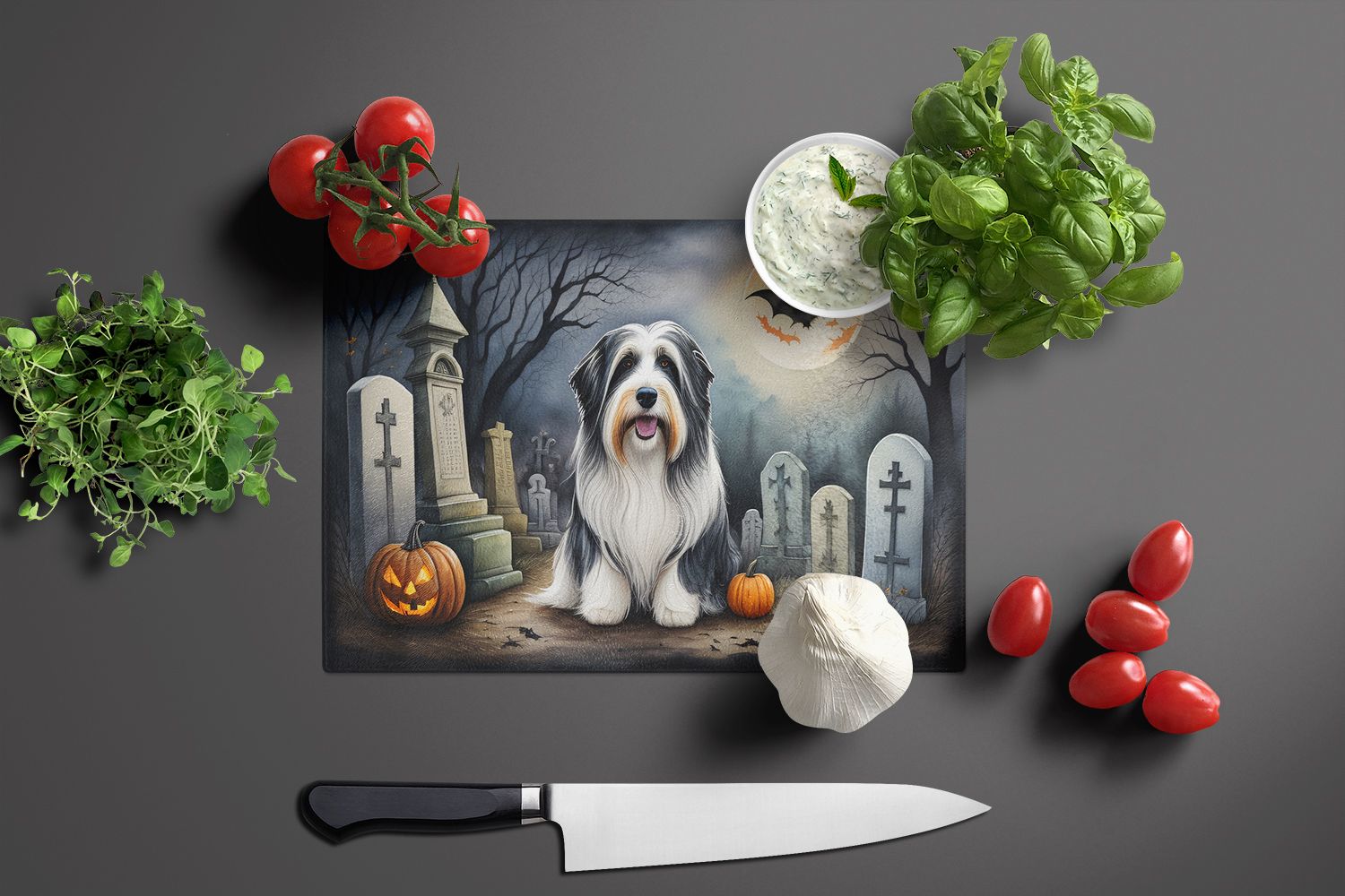 NEW Bearded Collie Spooky Halloween Glass Cutting Board Decorative Tempered Glass Kitchen Cutting and Serving Board Large Size Chopping Board