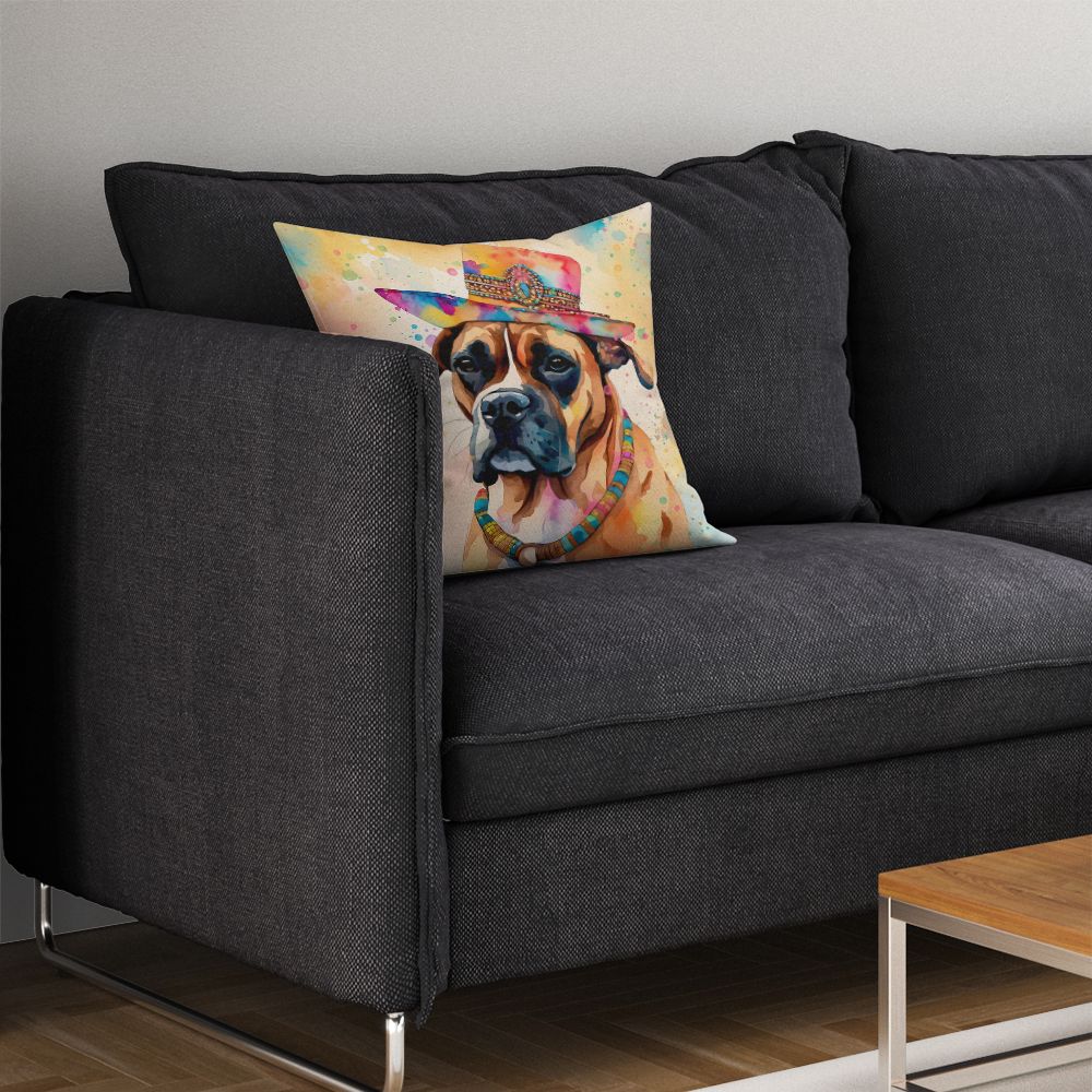 Boxer Hippie Dawg Throw Pillow Machine Washable, Indoor Outdoor Decorative Pillow for Couch, Bed or Patio, 14Hx14W