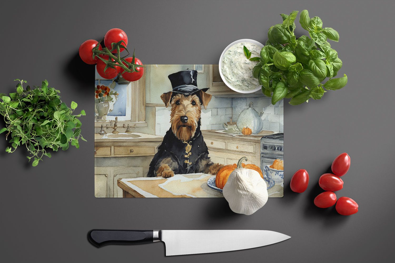 NEW Airedale Terrier Fall Kitchen Pumpkins Glass Cutting Board Decorative Tempered Glass Kitchen Cutting and Serving Board Large Size Chopping Board