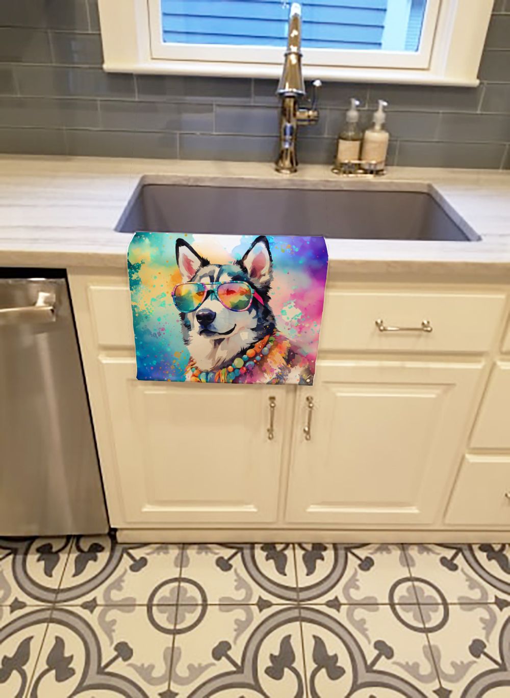 Siberian Husky Hippie Dawg Kitchen Towel Dish Cloths Guest Hand Towel Decorative Bathroom Towel for Face,Tea, Dishcloth, Kitchen and Bath