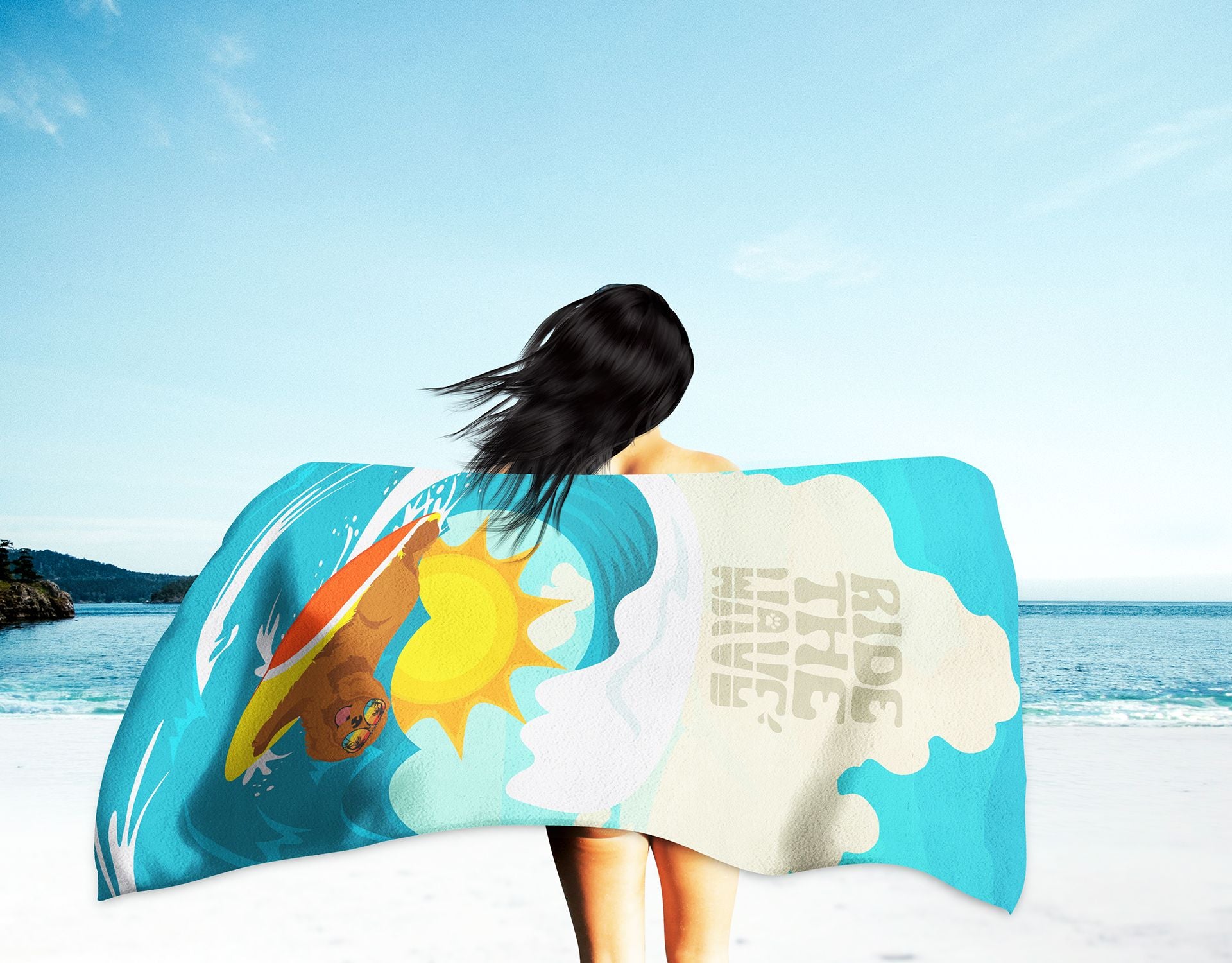 Surfer Dog Ruby Cavalier Spaniel Premium Beach Towel Oversized Towel Beach Blanket, Pool, Beach Essentials, Yoga, Premium Bath Towel, Quick Dry Plush