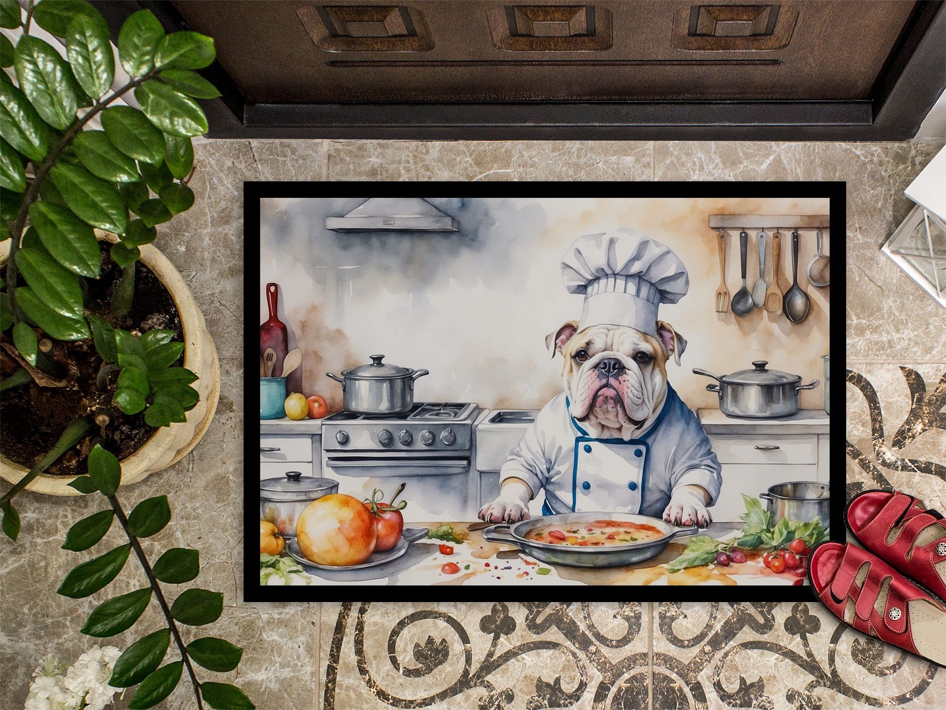 English Bulldog The Chef Doormat Front Door Mat Indoor Outdoor Rugs for Entryway, Non Slip Washable Low Pile, 24H X 36W