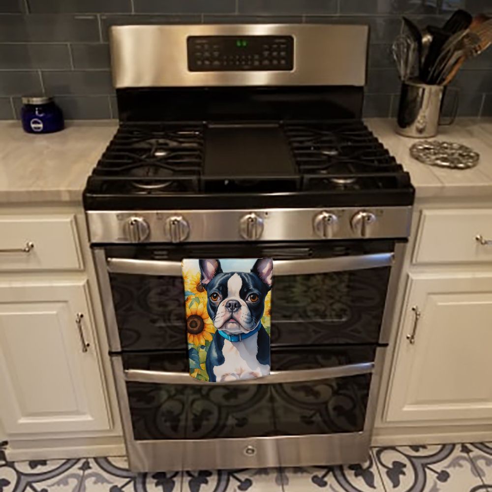 Boston Terrier in Sunflowers Kitchen Towel Dish Cloths Guest Hand Towel Decorative Bathroom Towel for Face,Tea, Dishcloth, Kitchen and Bath