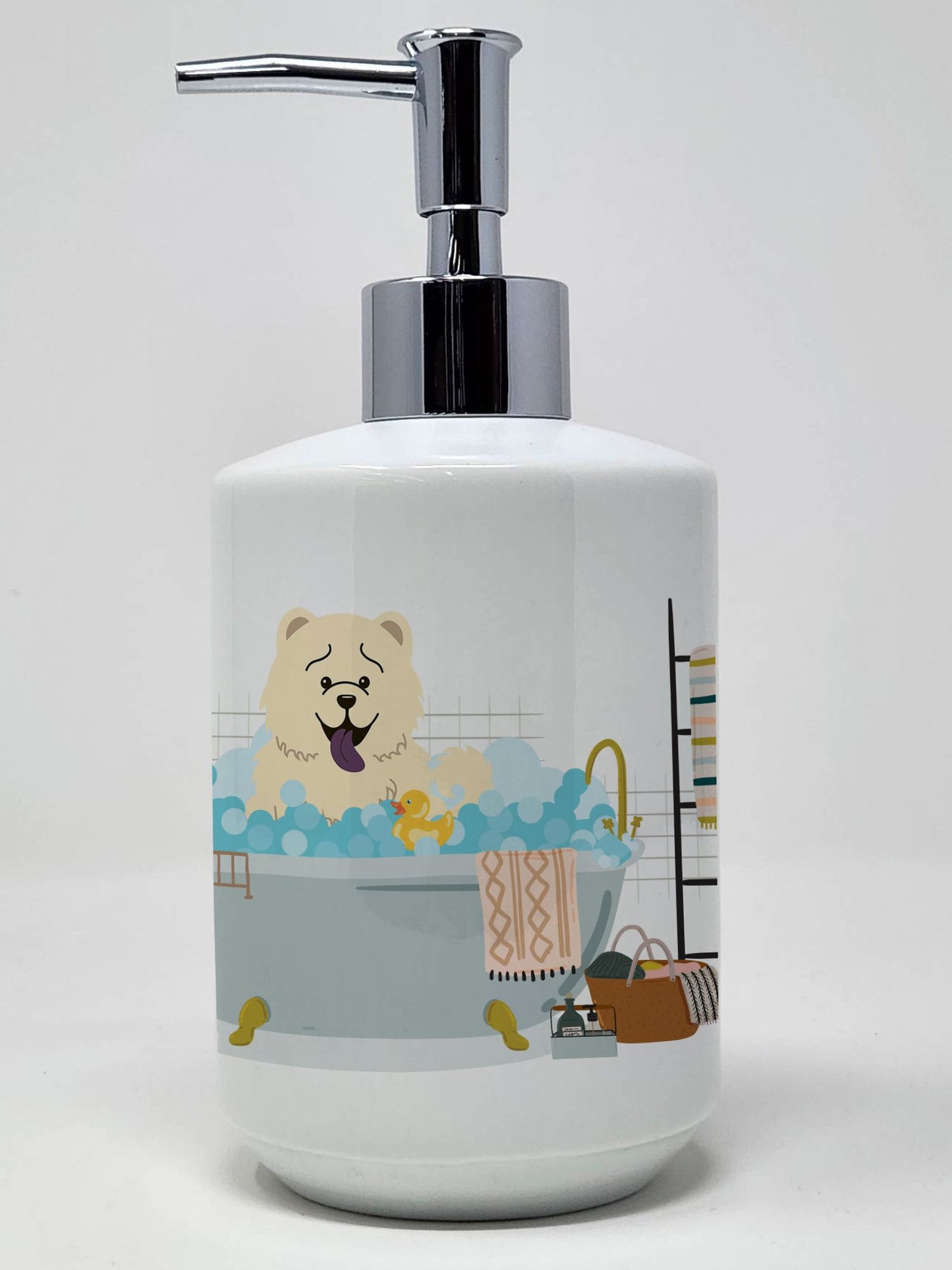 White Chow Chow in Bathtub Ceramic Soap Dispenser Hand Soap Dispenser Pump Bottles for Bathroom Kitchen, Empty Refillable Liquid Soap Container