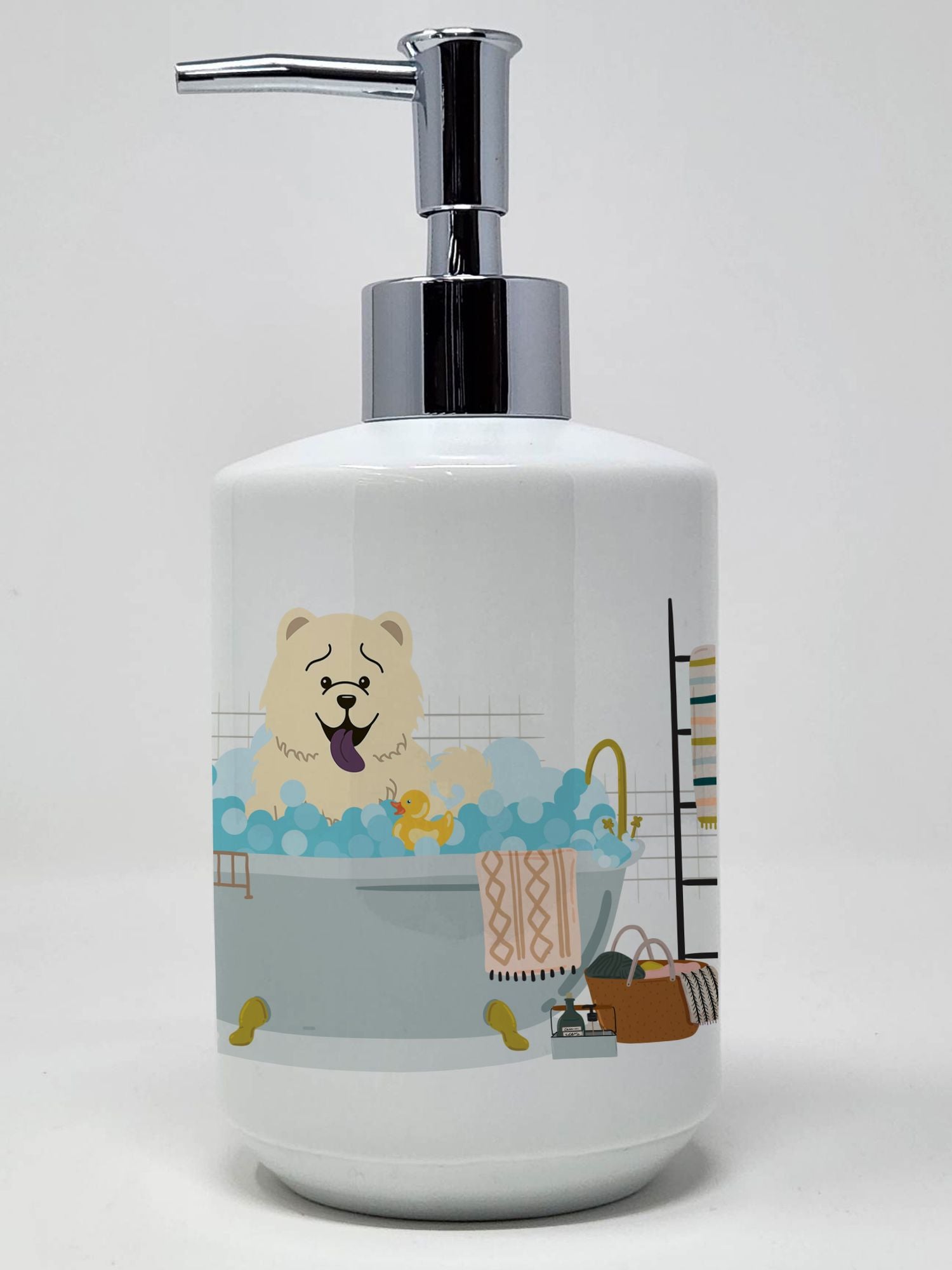 White Chow Chow in Bathtub Ceramic Soap Dispenser Hand Soap Dispenser Pump Bottles for Bathroom Kitchen, Empty Refillable Liquid Soap Container