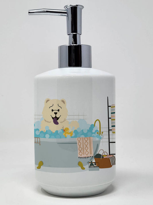 White Chow Chow in Bathtub Ceramic Soap Dispenser Hand Soap Dispenser Pump Bottles for Bathroom Kitchen, Empty Refillable Liquid Soap Container
