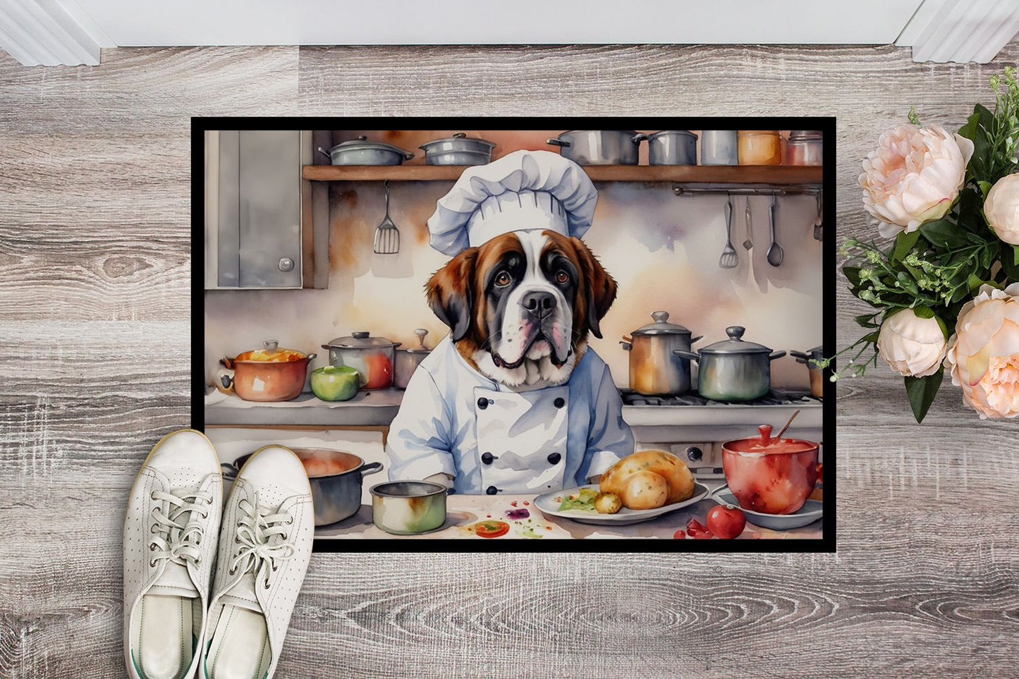 NEW Saint Bernard The Chef Doormat Front Door Mat Indoor Outdoor Rugs for Entryway, Non Slip Washable Low Pile, 18H X 27W