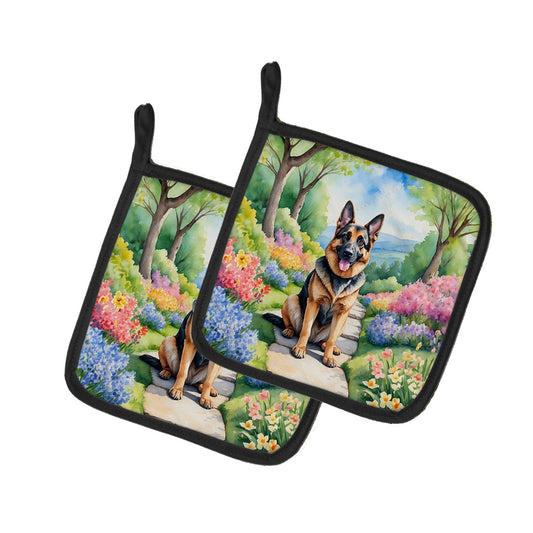 German Shepherd Spring Path Pair of Pot Holders Kitchen Heat Resistant Pot Holders Sets Oven Hot Pads for Cooking Baking BBQ, 7 1/2 x 7 1/2