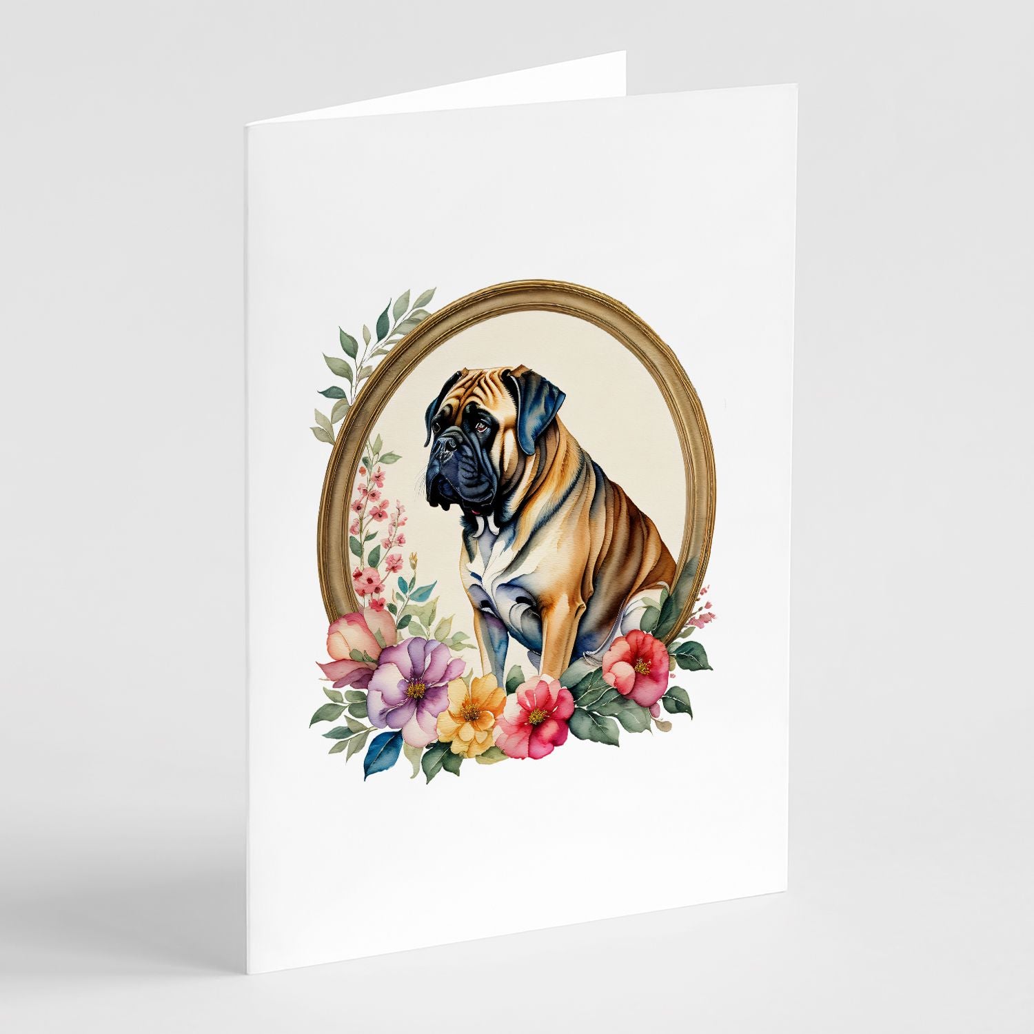 Mastiff and Flowers Greeting Cards Pack of 8 Blank Cards with Envelopes Whimsical A7 Size 5x7 Blank Note Cards