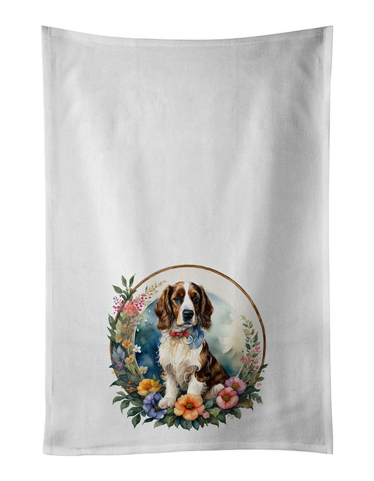 Welsh Springer Spaniel and Flowers Kitchen Towel Set of 2 White Dish Towels Decorative Bathroom Hand towel for Hand, Face, Hair, Yoga, Tea, Dishcloth, 19 X 28", White
