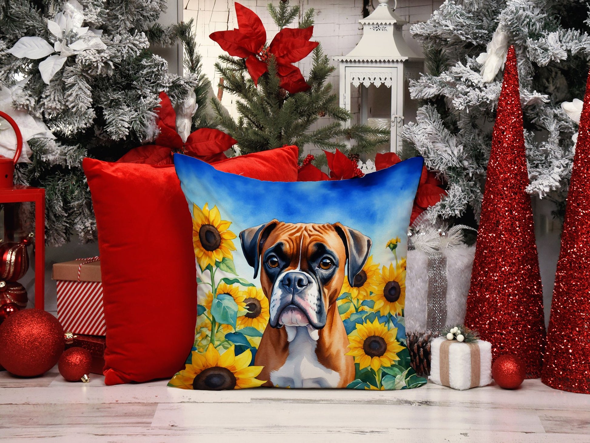 Boxer in Sunflowers Throw Pillow Machine Washable, Indoor Outdoor Decorative Pillow for Couch, Bed or Patio, 14Hx14W