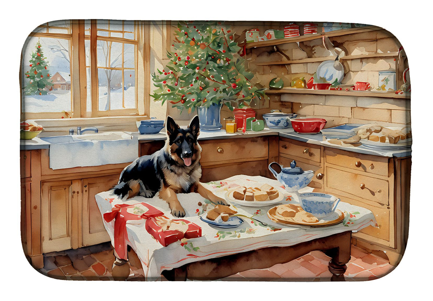 German Shepherd Christmas Cookies Dish Drying Mat Absorbent Dish Drying Mat Pad for Kitchen Counter Dish Drainer Mat for Countertop, 14 x 21", Multicolor