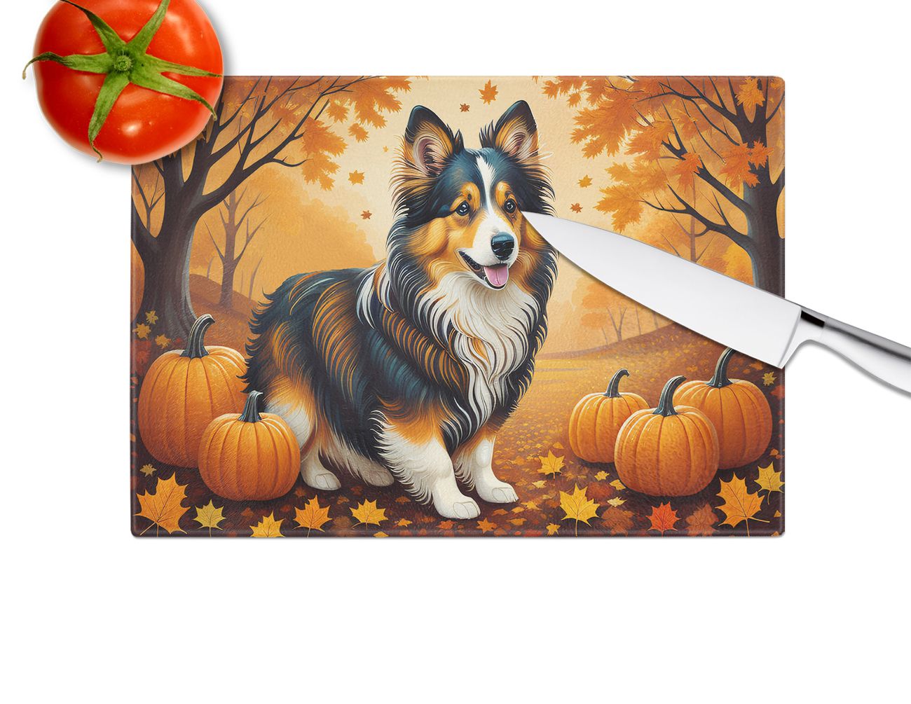 NEW Sheltie Fall Glass Cutting Board Decorative Tempered Glass Kitchen Cutting and Serving Board Large Size Chopping Board