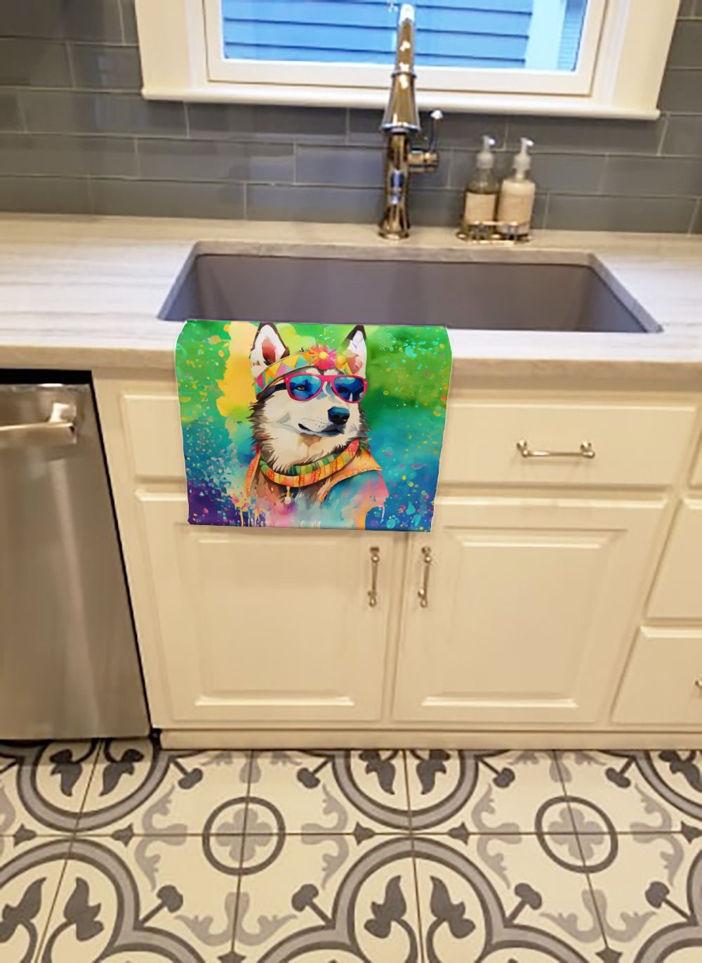 Siberian Husky Hippie Dawg Kitchen Towel Dish Cloths Guest Hand Towel Decorative Bathroom Towel for Face,Tea, Dishcloth, Kitchen and Bath