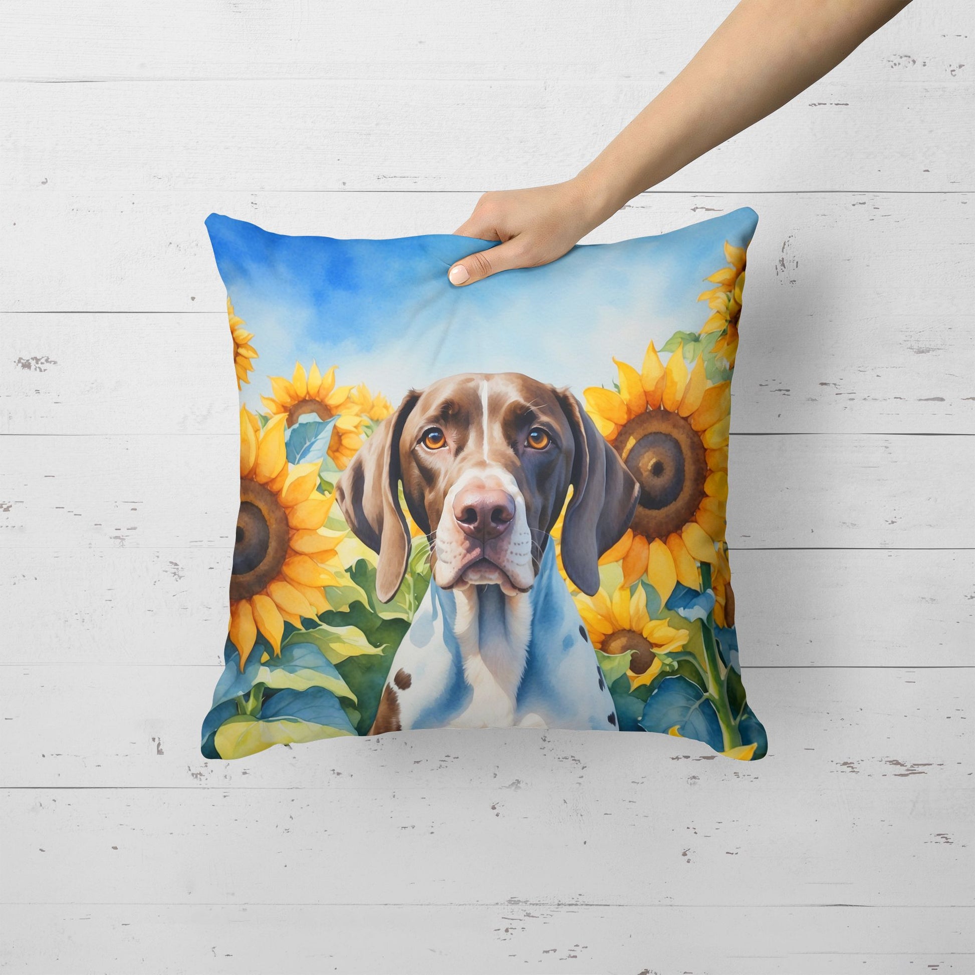 Pointer in Sunflowers Throw Pillow Machine Washable, Indoor Outdoor Decorative Pillow for Couch, Bed or Patio, 18Hx18W