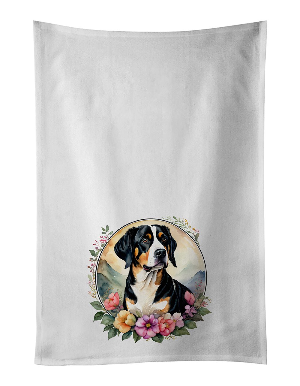 Entlebucher Mountain Dog and Flowers Kitchen Towel Set of 2 White Dish Towels Decorative Bathroom Hand towel for Hand, Face, Hair, Yoga, Tea, Dishcloth, 19 X 28", White