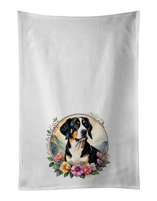 Entlebucher Mountain Dog and Flowers Kitchen Towel Set of 2 White Dish Towels Decorative Bathroom Hand towel for Hand, Face, Hair, Yoga, Tea, Dishcloth, 19 X 28", White