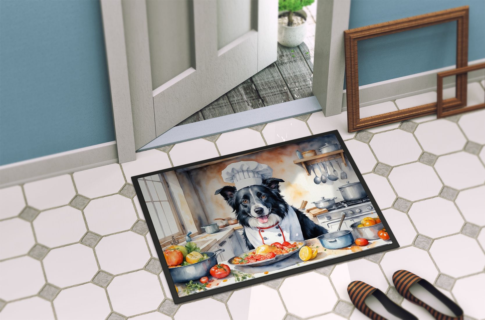 Border Collie The Chef Doormat Front Door Mat Indoor Outdoor Rugs for Entryway, Non Slip Washable Low Pile, 24H X 36W