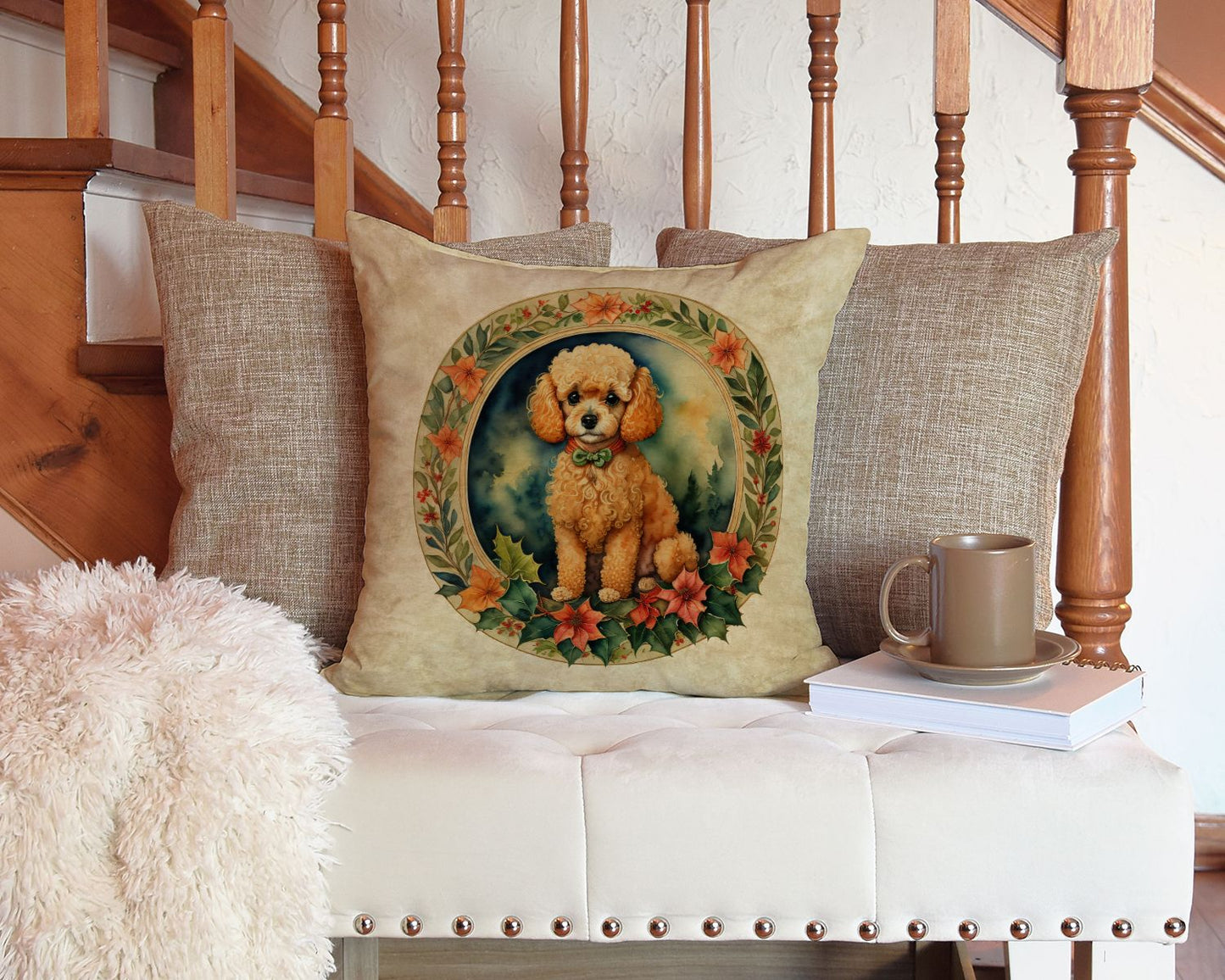 Poodle Christmas Flowers Throw Pillow Machine Washable, Indoor Outdoor Decorative Pillow for Couch, Bed or Patio, 14Hx14W