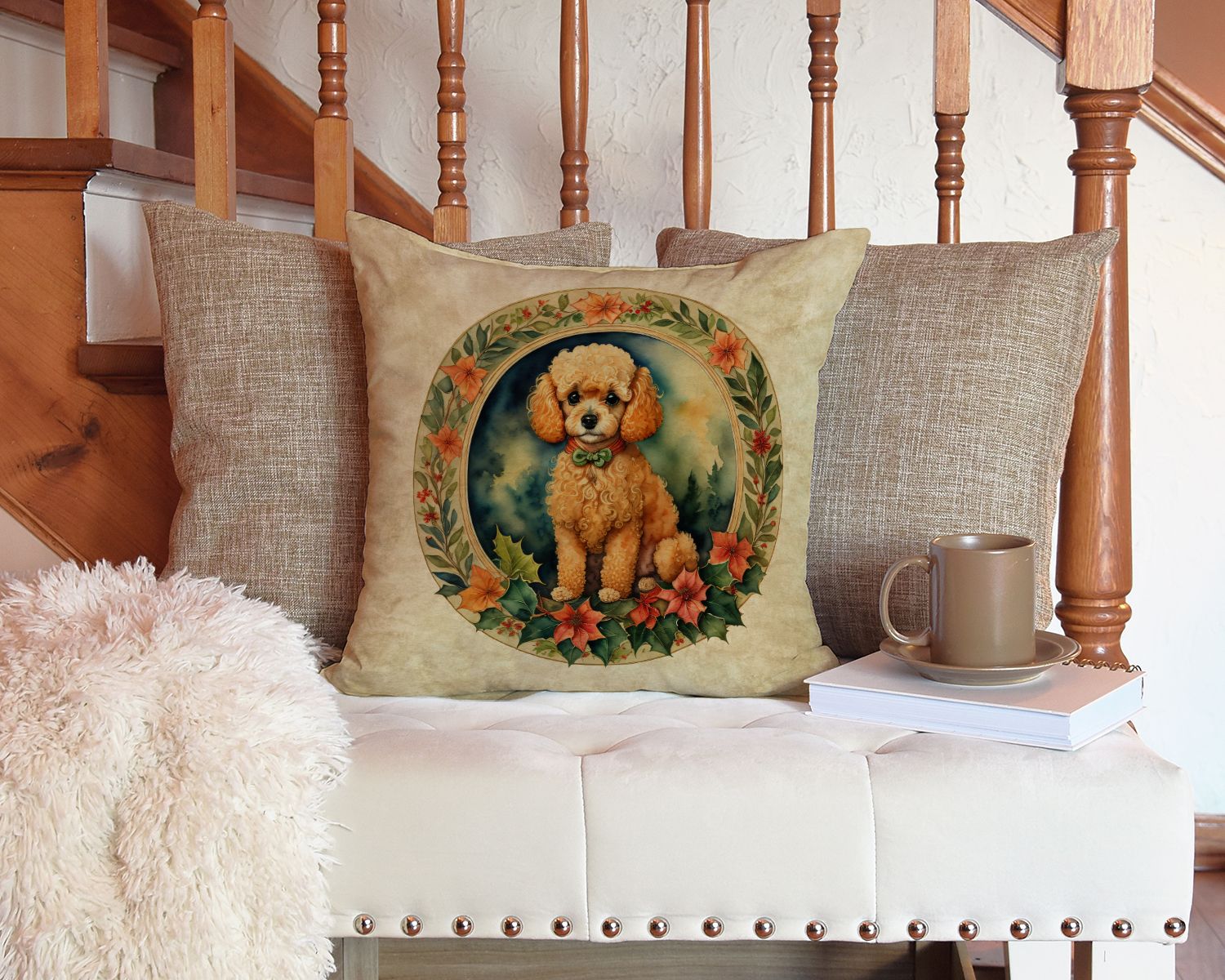 Poodle Christmas Flowers Throw Pillow Machine Washable, Indoor Outdoor Decorative Pillow for Couch, Bed or Patio, 14Hx14W