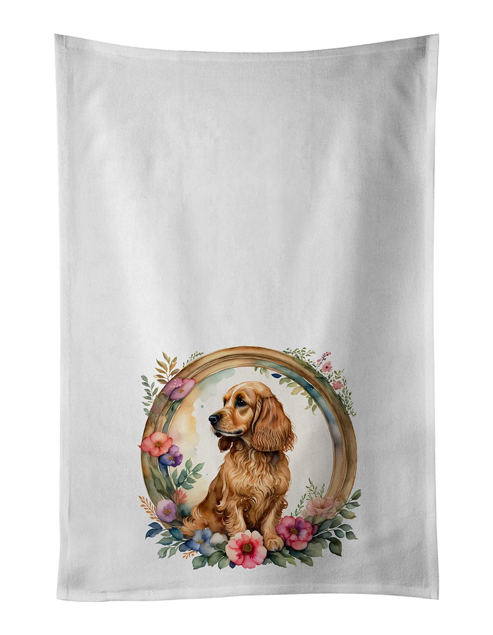English Cocker Spaniel and Flowers Kitchen Towel Set of 2 White Dish Towels Decorative Bathroom Hand towel for Hand, Face, Hair, Yoga, Tea, Dishcloth, 19 X 28", White