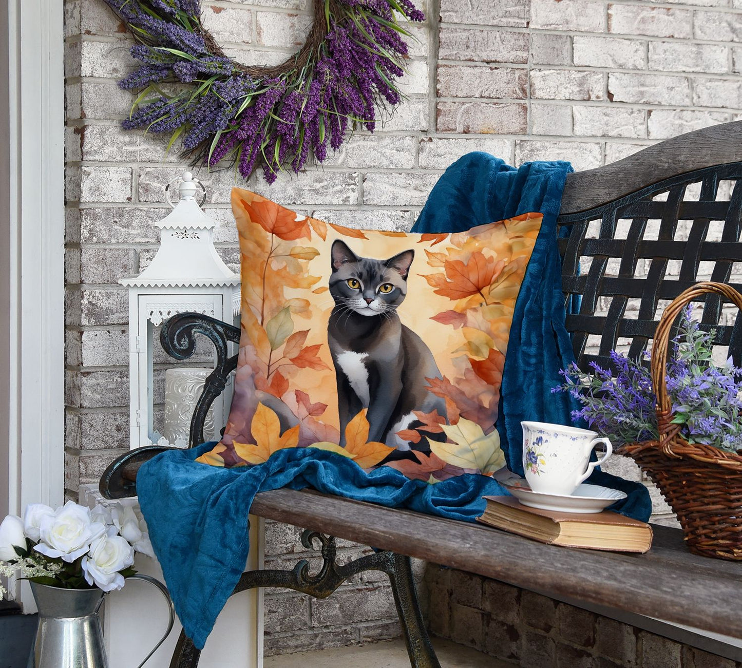 Asian Cat in Fall Leaves Throw Pillow Machine Washable, Indoor Outdoor Decorative Pillow for Couch, Bed or Patio, 18Hx18W