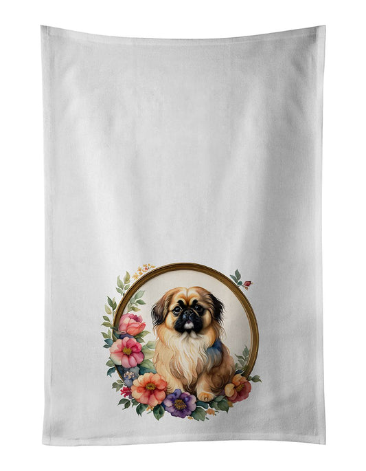 Pekingese and Flowers Kitchen Towel Set of 2 White Dish Towels Decorative Bathroom Hand towel for Hand, Face, Hair, Yoga, Tea, Dishcloth, 19 X 28", White