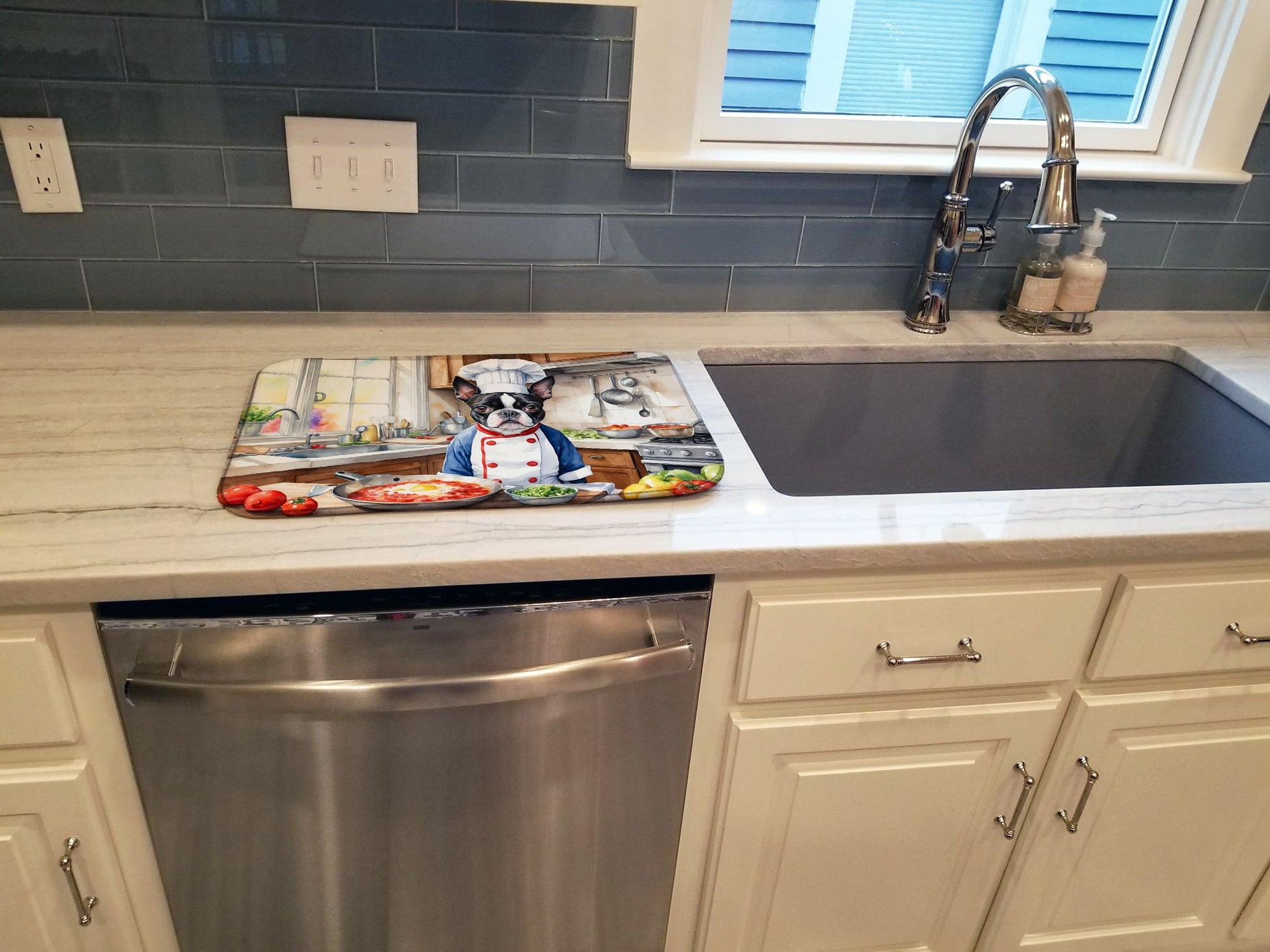 Boston Terrier The Chef Dish Drying Mat Absorbent Dish Drying Mat Pad for Kitchen Counter Dish Drainer Mat for Countertop, 14 x 21", Multicolor