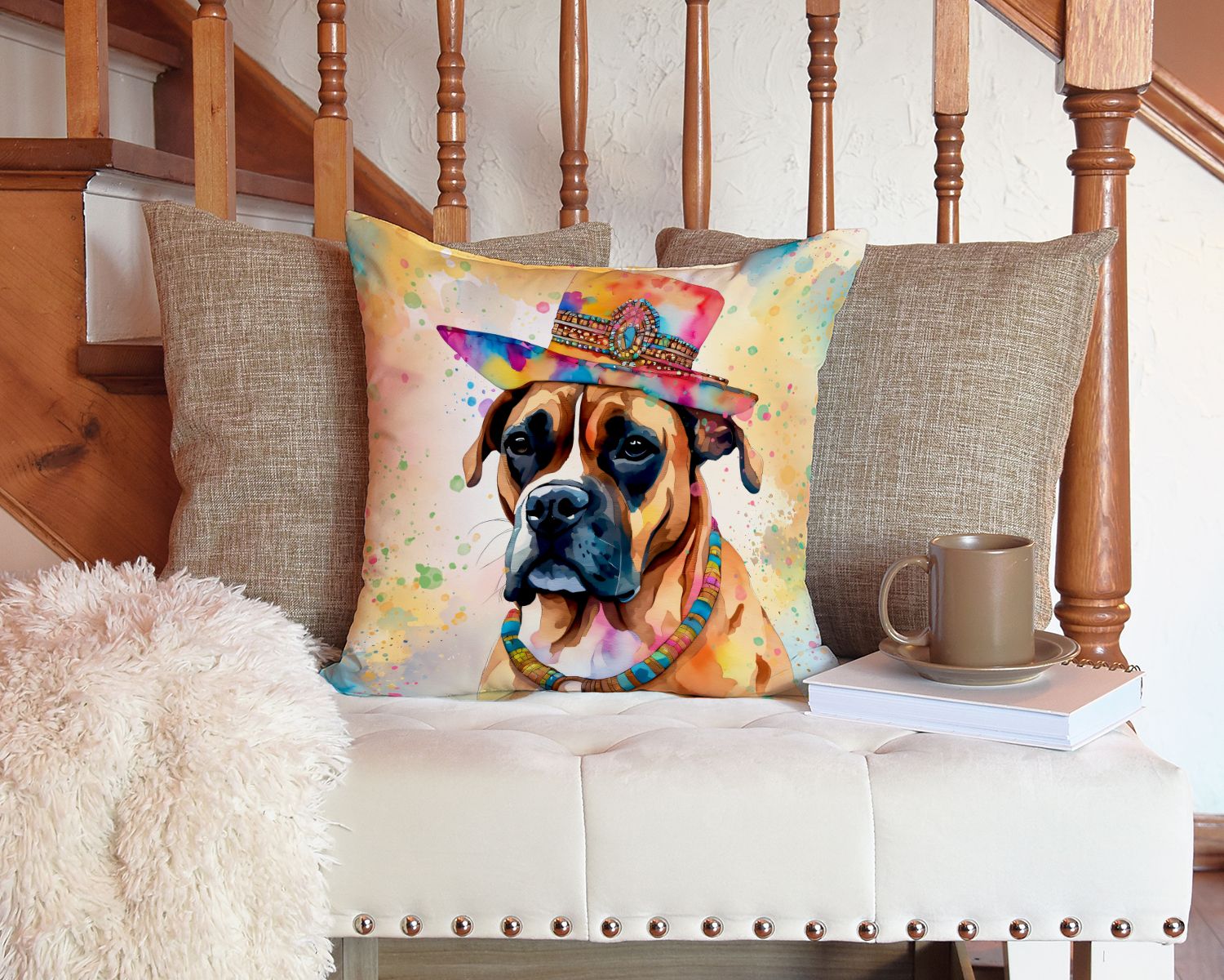 Boxer Hippie Dawg Throw Pillow Machine Washable, Indoor Outdoor Decorative Pillow for Couch, Bed or Patio, 14Hx14W