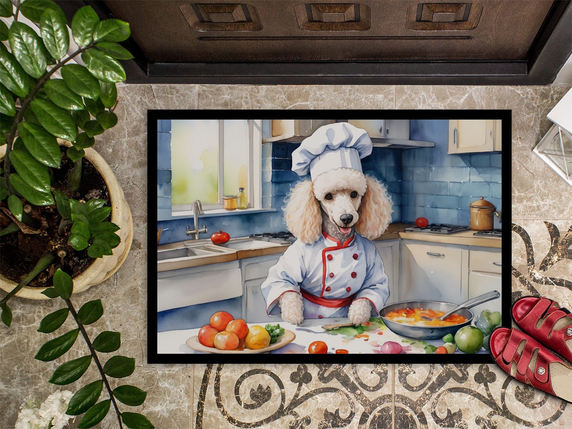 NEW White Poodle The Chef Doormat Front Door Mat Indoor Outdoor Rugs for Entryway, Non Slip Washable Low Pile, 18H X 27W