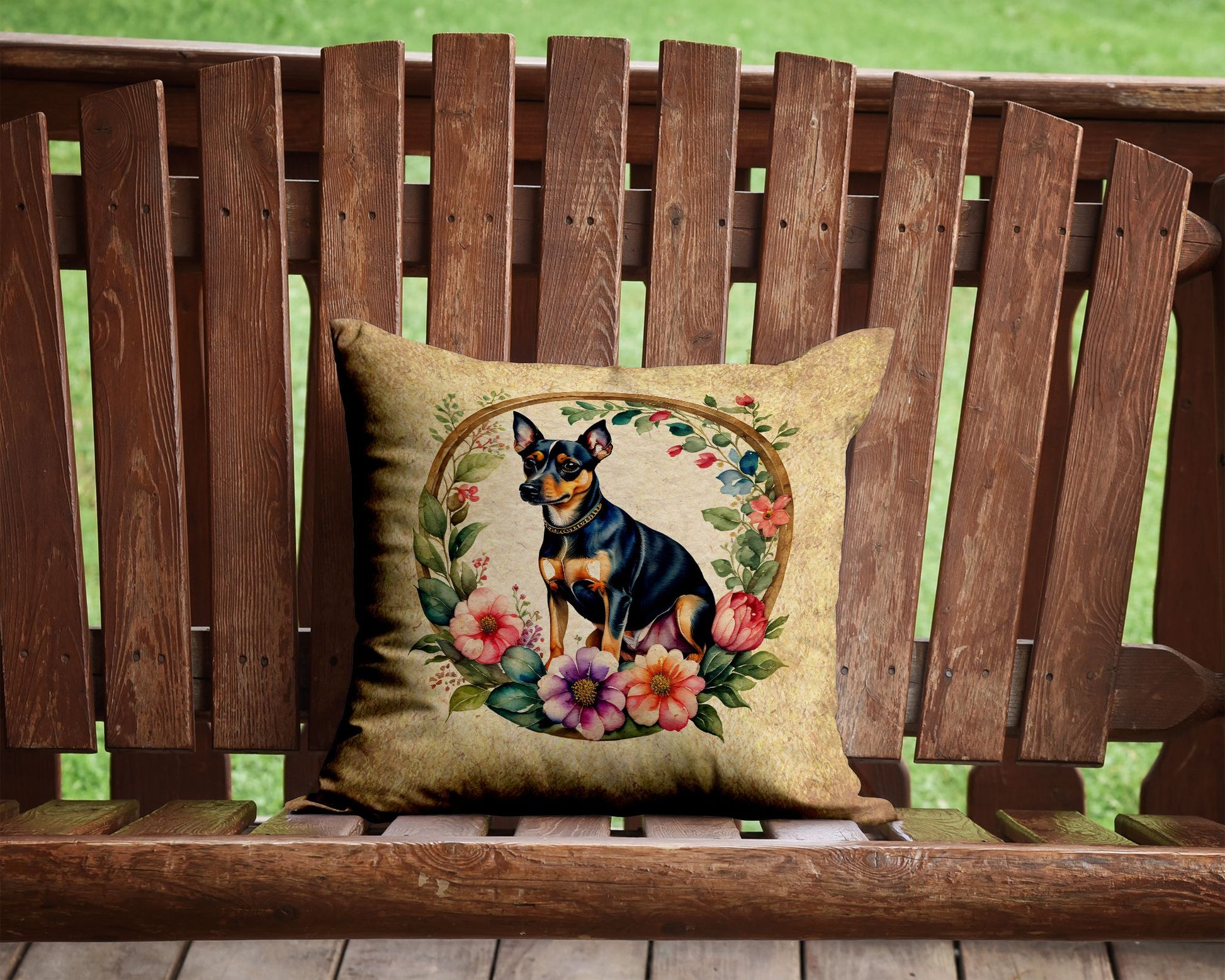 Miniature Pinscher and Flowers Throw Pillow Machine Washable, Indoor Outdoor Decorative Pillow for Couch, Bed or Patio, 14Hx14W