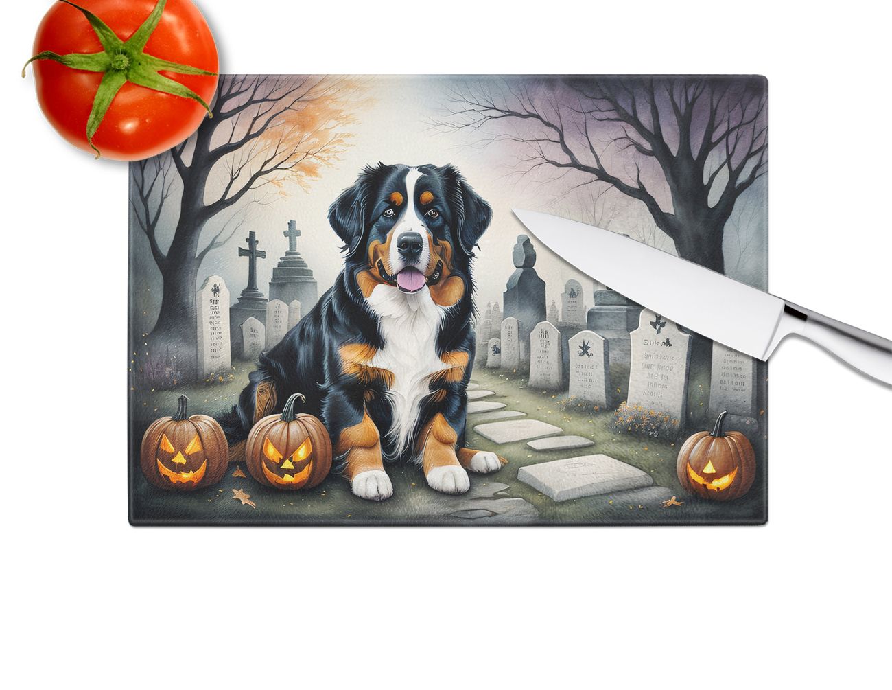 NEW Bernese Mountain Dog Spooky Halloween Glass Cutting Board Decorative Tempered Glass Kitchen Cutting and Serving Board Large Size Chopping Board