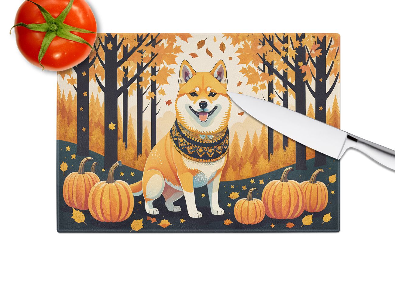 NEW Shiba Inu Fall Glass Cutting Board Decorative Tempered Glass Kitchen Cutting and Serving Board Large Size Chopping Board