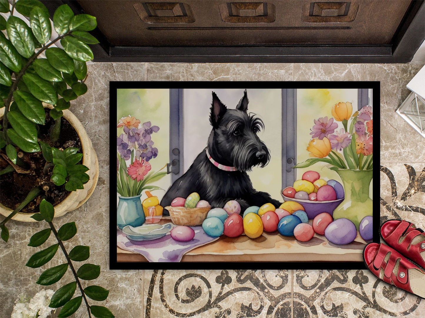 Decorating Easter Scottish Terrier Doormat Front Door Mat Indoor Outdoor Rugs for Entryway, Non Slip Washable Low Pile, 24H X 36W