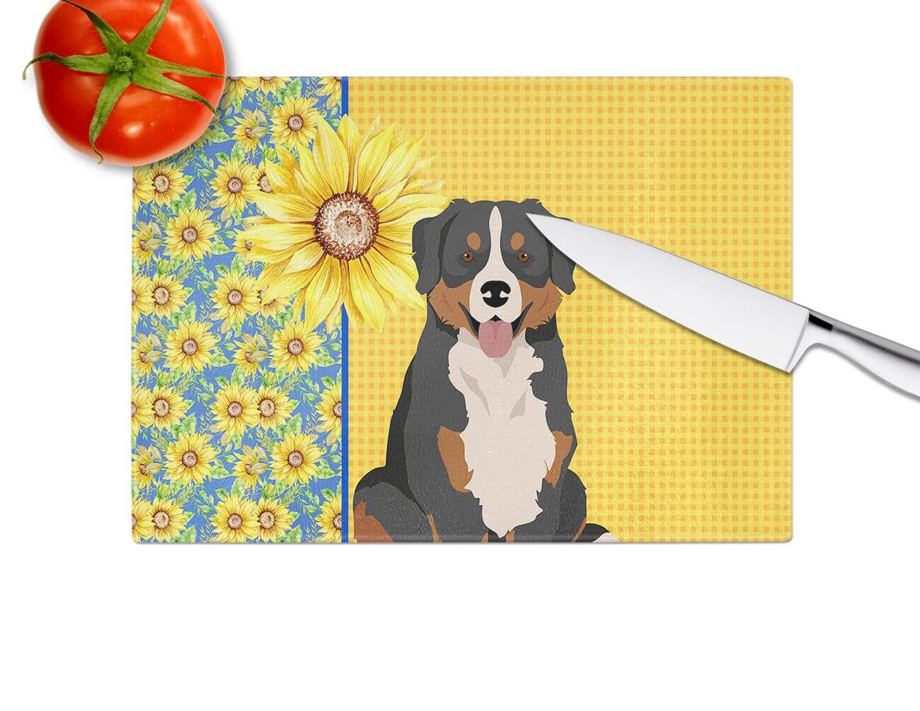 Summer Sunflowers Bernese Mountain Dog Glass Cutting Board Decorative Tempered Glass Kitchen Cutting and Serving Board Large Size Chopping Board