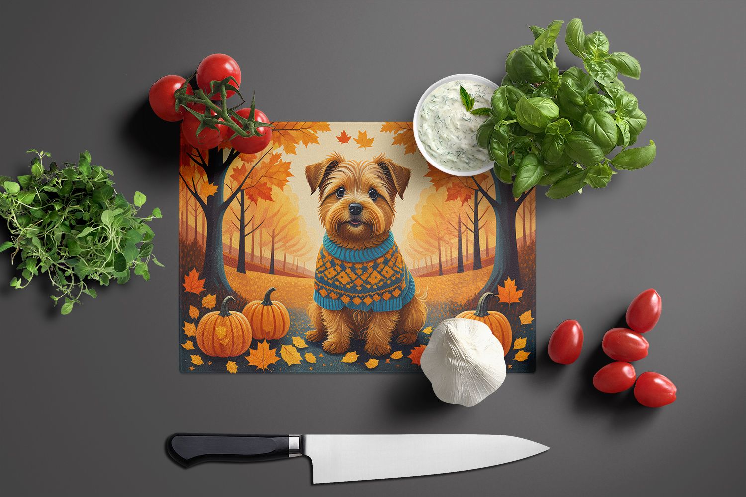 NEW Norfolk Terrier Fall Glass Cutting Board Decorative Tempered Glass Kitchen Cutting and Serving Board Large Size Chopping Board