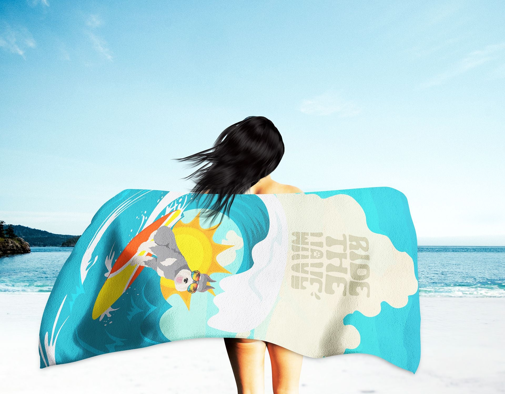 Surfer Dog Schnauzer Premium Beach Towel Oversized Towel Beach Blanket, Pool, Beach Essentials, Yoga, Premium Bath Towel, Quick Dry Plush