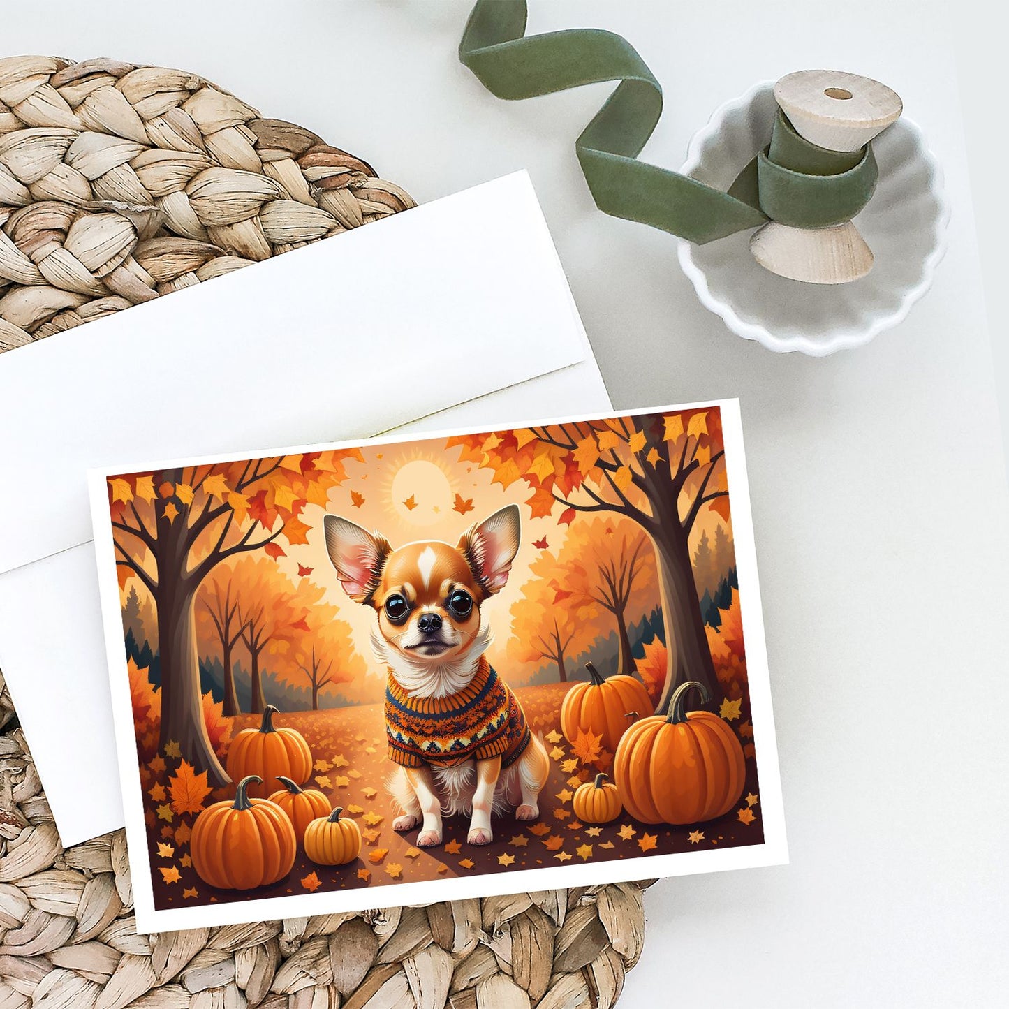 Chihuahua Fall Greeting Cards Pack of 8 Blank Cards with Envelopes Whimsical A7 Size 5x7 Blank Note Cards