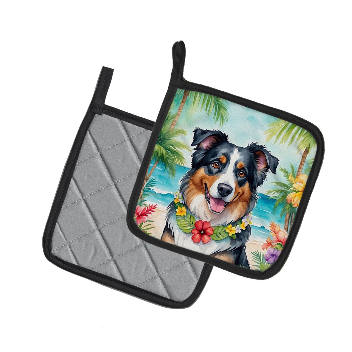 Australian Shepherd Luau Pair of Pot Holders Kitchen Heat Resistant Pot Holders Sets Oven Hot Pads for Cooking Baking BBQ, 7 1/2 x 7 1/2