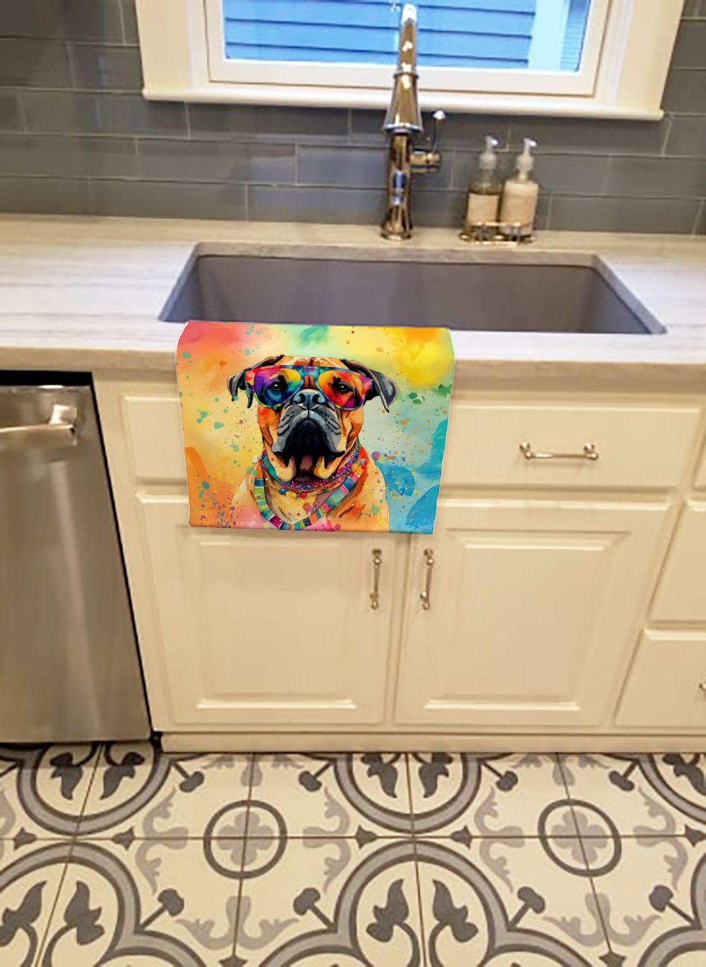 Bullmastiff Hippie Dawg Kitchen Towel Dish Cloths Guest Hand Towel Decorative Bathroom Towel for Face,Tea, Dishcloth, Kitchen and Bath