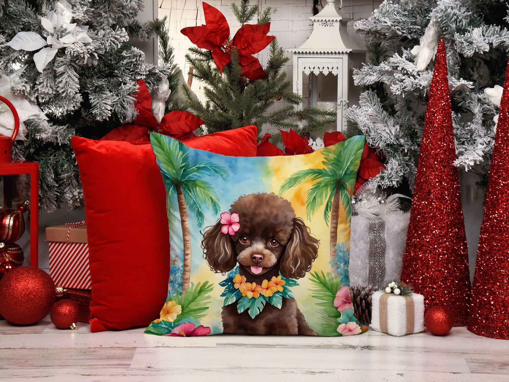 Chocolate Poodle Luau Throw Pillow Machine Washable, Indoor Outdoor Decorative Pillow for Couch, Bed or Patio, 14Hx14W