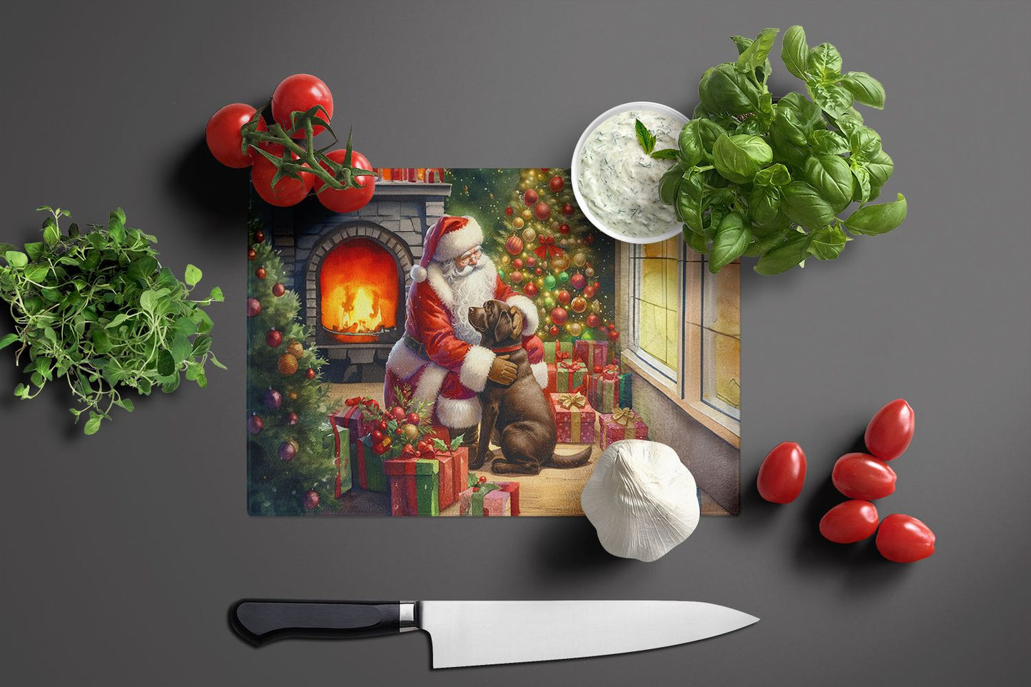NEW Labrador Retriever and Santa Claus Glass Cutting Board Decorative Tempered Glass Kitchen Cutting and Serving Board Large Size Chopping Board